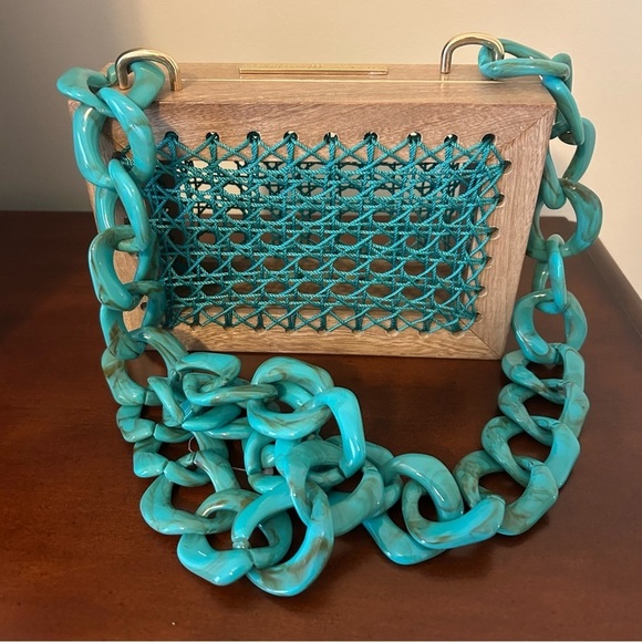 Maxi Rose Natural Acqua Wooden Mini Bag with Teal Acrylic Chain - Picture 4 of 6